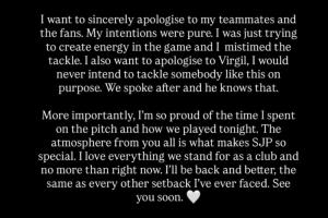 【不是故意的】戈登就铲倒范戴克染红道歉：我绝不会故意这样铲人