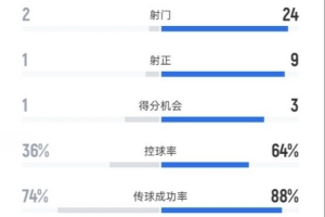 爱沙尼亚1-3意大利数据：射门2-24，射正1-9，控球率36%-64%