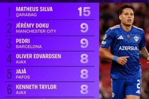 本赛季欧冠被犯规榜：马修斯-席尔瓦15次第一，多库佩德里列二三